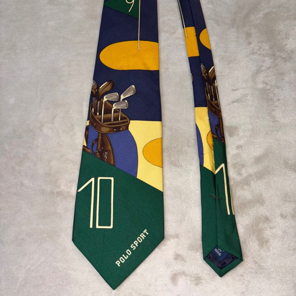 Vintage Polo Sport Ralph Lauren Mens Silk Golf Tie Navy Green Yellow Made in USA